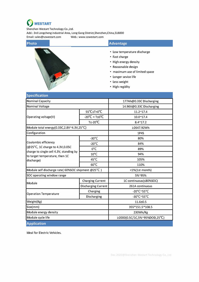 Westart NCM VDA355 1P4S 177Ah lithium battery module automotive